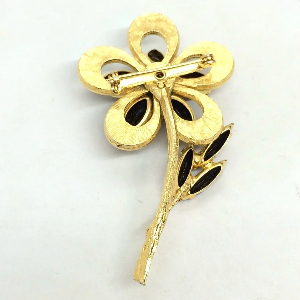 !!SOLD!! VINTAGE BLACK RHINESTONE FLOWER BROOCH PIN GOLD TONE - Picture 12 of 17